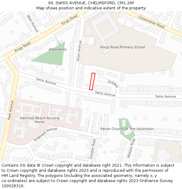 94, SWISS AVENUE, CHELMSFORD, CM1 2AF: Location map and indicative extent of plot