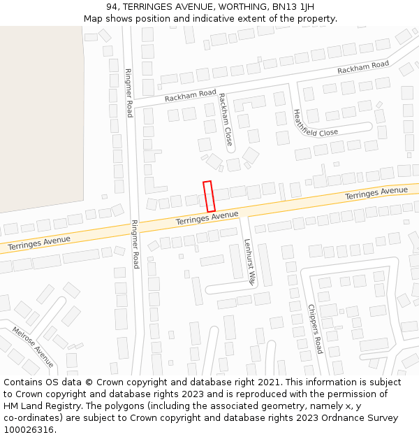 94, TERRINGES AVENUE, WORTHING, BN13 1JH: Location map and indicative extent of plot