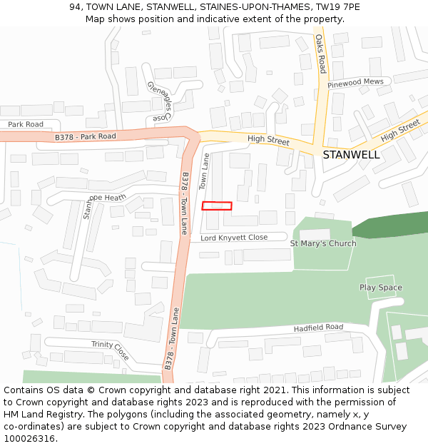 94, TOWN LANE, STANWELL, STAINES-UPON-THAMES, TW19 7PE: Location map and indicative extent of plot