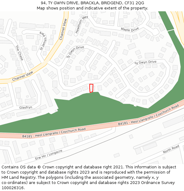 94, TY GWYN DRIVE, BRACKLA, BRIDGEND, CF31 2QG: Location map and indicative extent of plot