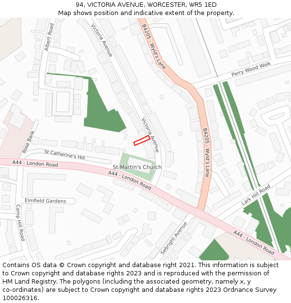 94, VICTORIA AVENUE, WORCESTER, WR5 1ED: Location map and indicative extent of plot