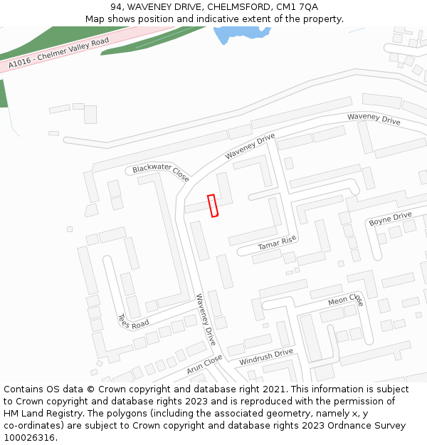 94, WAVENEY DRIVE, CHELMSFORD, CM1 7QA: Location map and indicative extent of plot