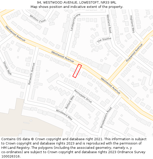 94, WESTWOOD AVENUE, LOWESTOFT, NR33 9RL: Location map and indicative extent of plot