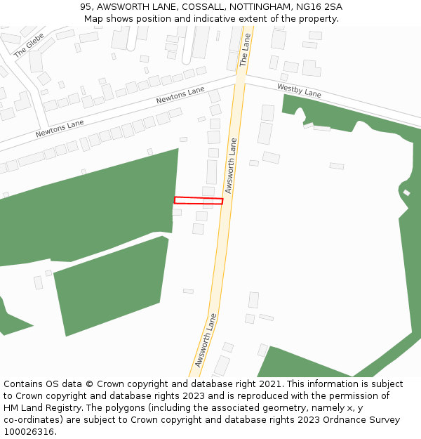 95, AWSWORTH LANE, COSSALL, NOTTINGHAM, NG16 2SA: Location map and indicative extent of plot
