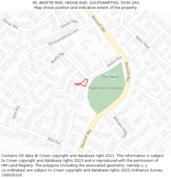 95, BEATTIE RISE, HEDGE END, SOUTHAMPTON, SO30 2AG: Location map and indicative extent of plot