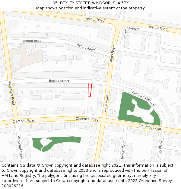 95, BEXLEY STREET, WINDSOR, SL4 5BX: Location map and indicative extent of plot