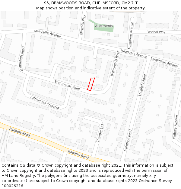 95, BRAMWOODS ROAD, CHELMSFORD, CM2 7LT: Location map and indicative extent of plot
