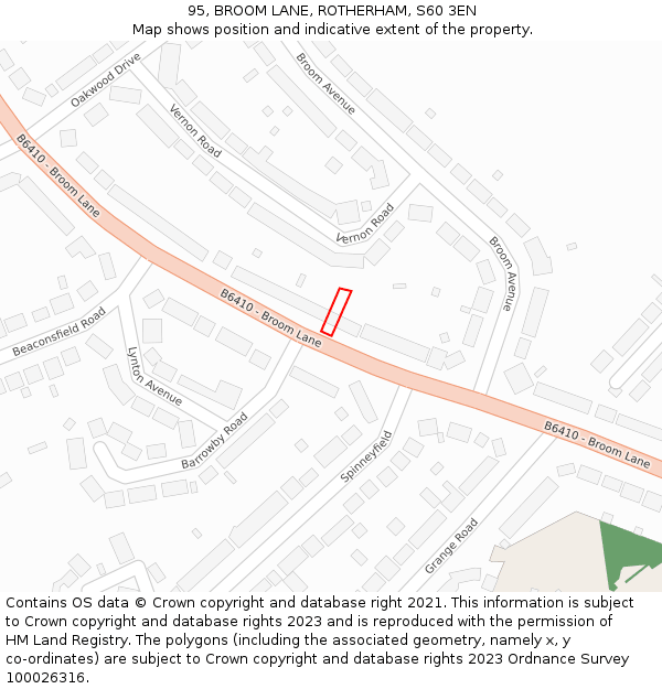 95, BROOM LANE, ROTHERHAM, S60 3EN: Location map and indicative extent of plot