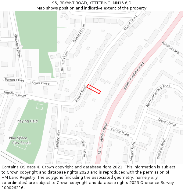 95, BRYANT ROAD, KETTERING, NN15 6JD: Location map and indicative extent of plot