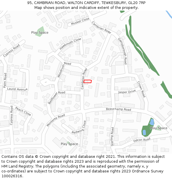 95, CAMBRIAN ROAD, WALTON CARDIFF, TEWKESBURY, GL20 7RP: Location map and indicative extent of plot