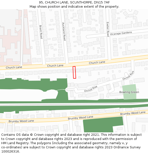 95, CHURCH LANE, SCUNTHORPE, DN15 7AF: Location map and indicative extent of plot