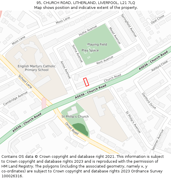 95, CHURCH ROAD, LITHERLAND, LIVERPOOL, L21 7LQ: Location map and indicative extent of plot