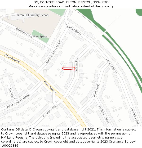 95, CONYGRE ROAD, FILTON, BRISTOL, BS34 7DG: Location map and indicative extent of plot