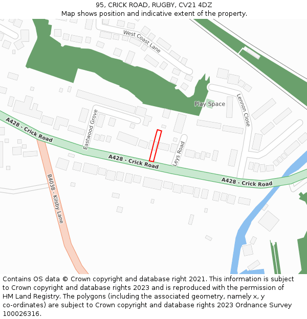 95, CRICK ROAD, RUGBY, CV21 4DZ: Location map and indicative extent of plot