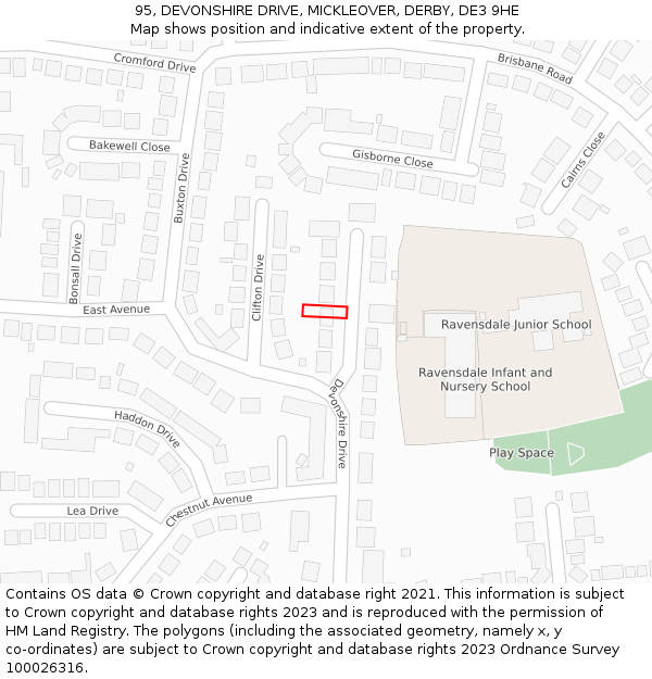 95, DEVONSHIRE DRIVE, MICKLEOVER, DERBY, DE3 9HE: Location map and indicative extent of plot