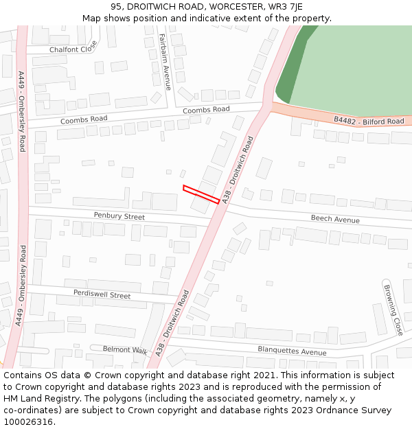 95, DROITWICH ROAD, WORCESTER, WR3 7JE: Location map and indicative extent of plot
