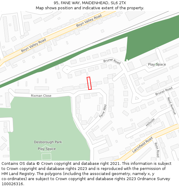 95, FANE WAY, MAIDENHEAD, SL6 2TX: Location map and indicative extent of plot
