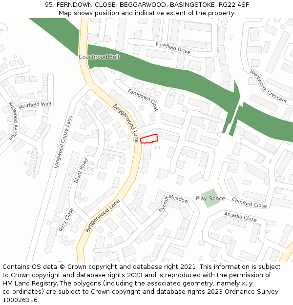 95, FERNDOWN CLOSE, BEGGARWOOD, BASINGSTOKE, RG22 4SF: Location map and indicative extent of plot