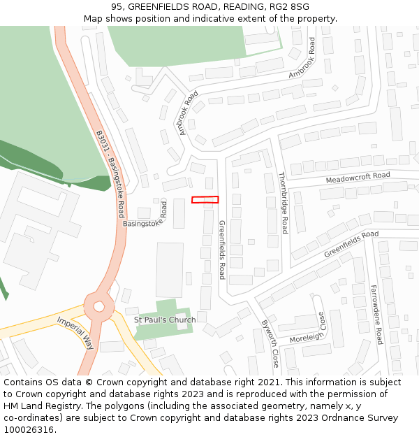 95, GREENFIELDS ROAD, READING, RG2 8SG: Location map and indicative extent of plot