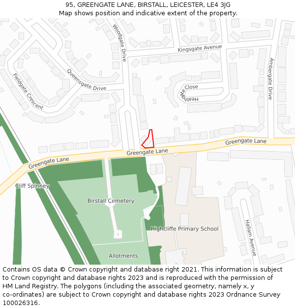 95, GREENGATE LANE, BIRSTALL, LEICESTER, LE4 3JG: Location map and indicative extent of plot