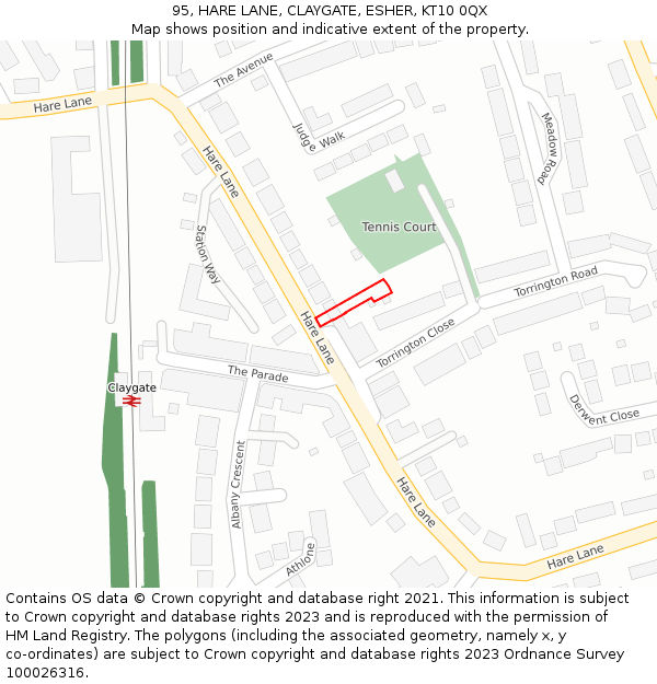 95, HARE LANE, CLAYGATE, ESHER, KT10 0QX: Location map and indicative extent of plot