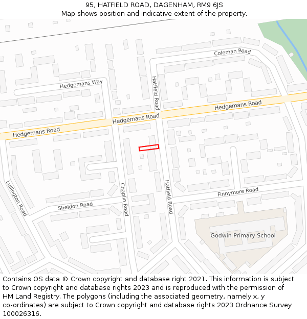 95, HATFIELD ROAD, DAGENHAM, RM9 6JS: Location map and indicative extent of plot