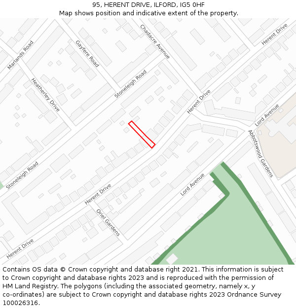 95, HERENT DRIVE, ILFORD, IG5 0HF: Location map and indicative extent of plot
