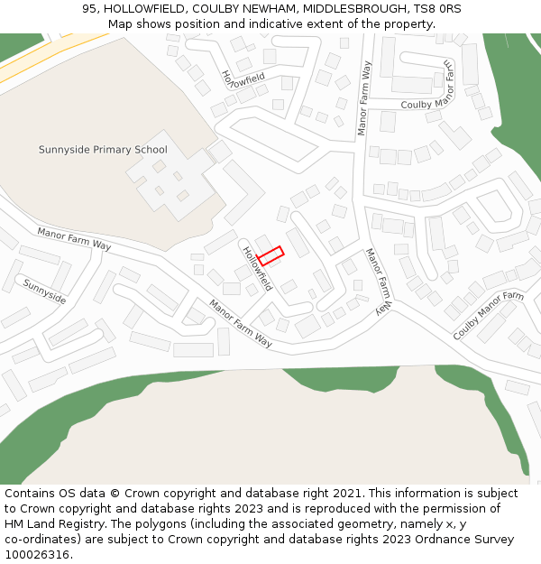 95, HOLLOWFIELD, COULBY NEWHAM, MIDDLESBROUGH, TS8 0RS: Location map and indicative extent of plot
