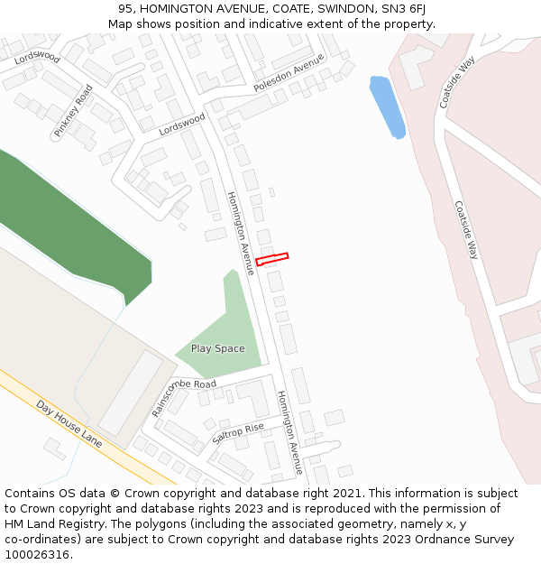 95, HOMINGTON AVENUE, COATE, SWINDON, SN3 6FJ: Location map and indicative extent of plot