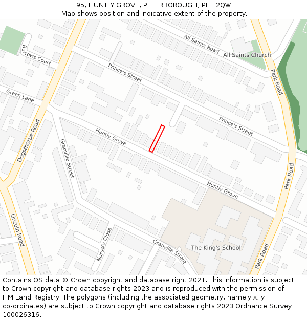 95, HUNTLY GROVE, PETERBOROUGH, PE1 2QW: Location map and indicative extent of plot