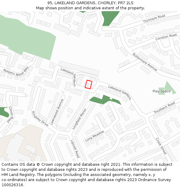 95, LAKELAND GARDENS, CHORLEY, PR7 2LS: Location map and indicative extent of plot