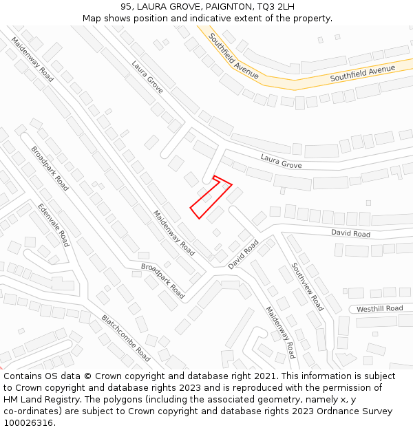 95, LAURA GROVE, PAIGNTON, TQ3 2LH: Location map and indicative extent of plot