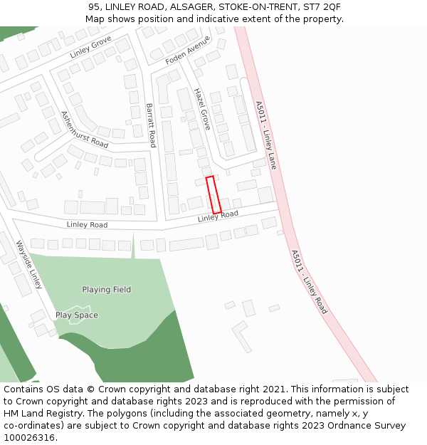 95, LINLEY ROAD, ALSAGER, STOKE-ON-TRENT, ST7 2QF: Location map and indicative extent of plot