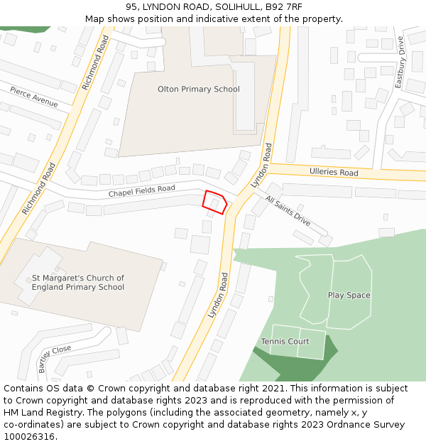 95, LYNDON ROAD, SOLIHULL, B92 7RF: Location map and indicative extent of plot
