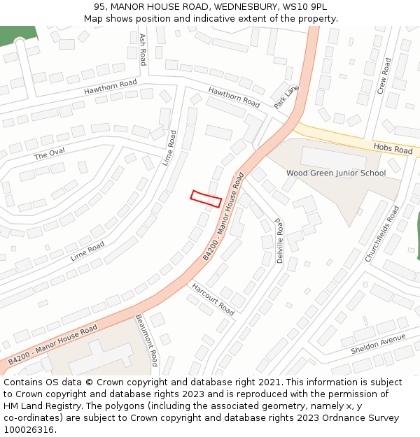 95, MANOR HOUSE ROAD, WEDNESBURY, WS10 9PL: Location map and indicative extent of plot