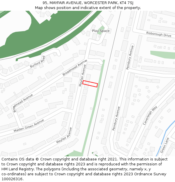 95, MAYFAIR AVENUE, WORCESTER PARK, KT4 7SJ: Location map and indicative extent of plot