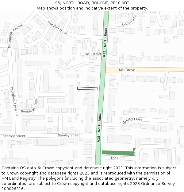 95, NORTH ROAD, BOURNE, PE10 9BT: Location map and indicative extent of plot
