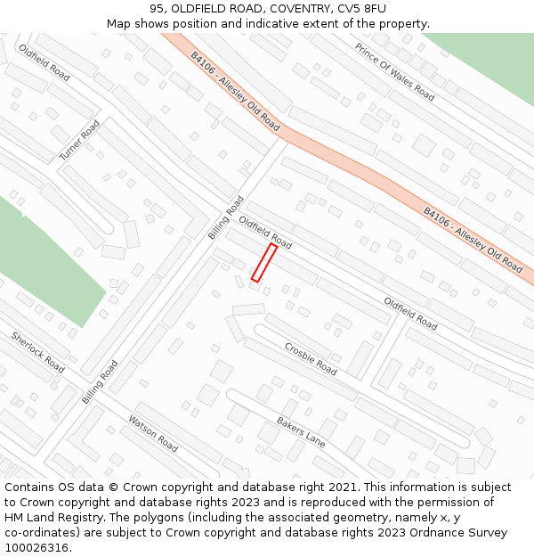 95, OLDFIELD ROAD, COVENTRY, CV5 8FU: Location map and indicative extent of plot