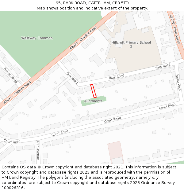 95, PARK ROAD, CATERHAM, CR3 5TD: Location map and indicative extent of plot