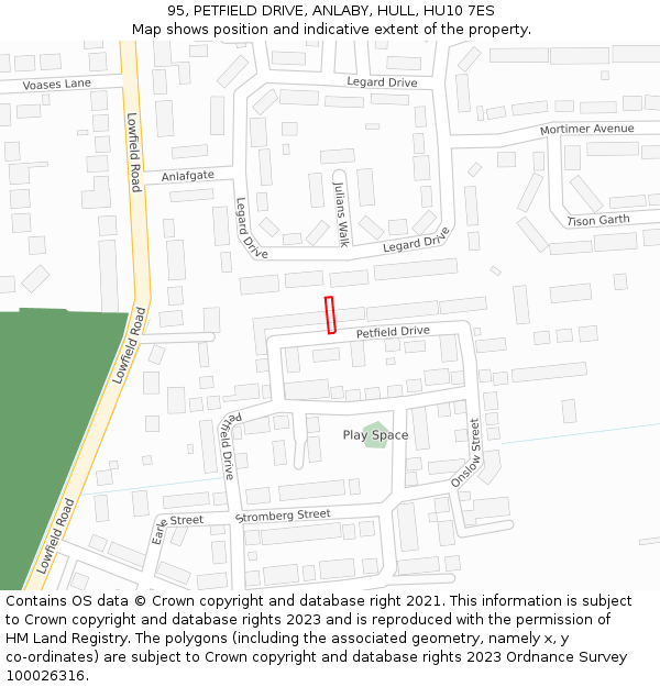 95, PETFIELD DRIVE, ANLABY, HULL, HU10 7ES: Location map and indicative extent of plot