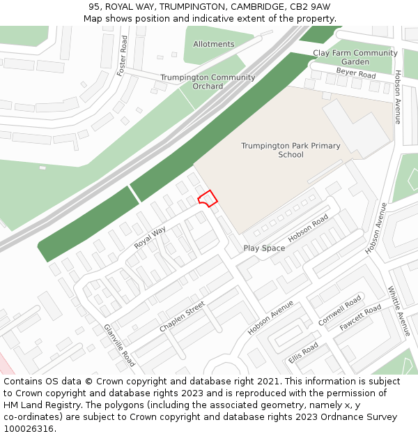 95, ROYAL WAY, TRUMPINGTON, CAMBRIDGE, CB2 9AW: Location map and indicative extent of plot
