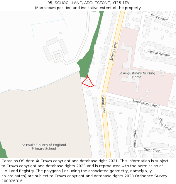 95, SCHOOL LANE, ADDLESTONE, KT15 1TA: Location map and indicative extent of plot