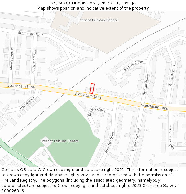 95, SCOTCHBARN LANE, PRESCOT, L35 7JA: Location map and indicative extent of plot