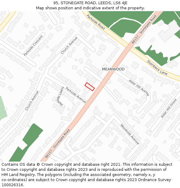 95, STONEGATE ROAD, LEEDS, LS6 4JE: Location map and indicative extent of plot