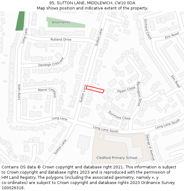 95, SUTTON LANE, MIDDLEWICH, CW10 0DA: Location map and indicative extent of plot
