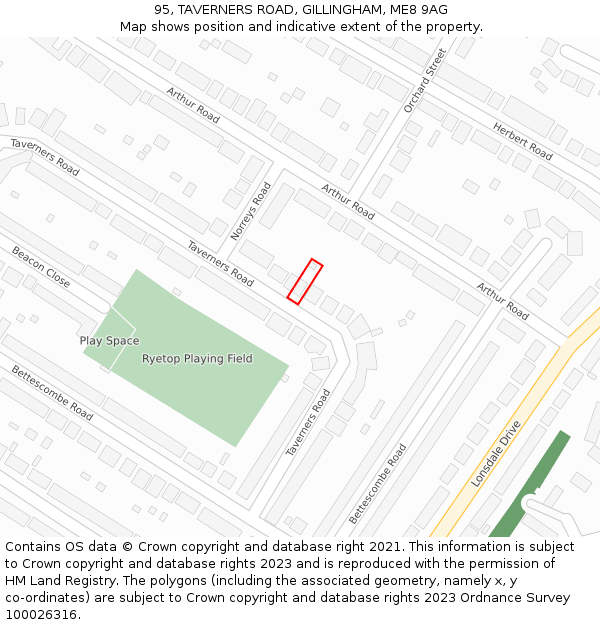 95, TAVERNERS ROAD, GILLINGHAM, ME8 9AG: Location map and indicative extent of plot