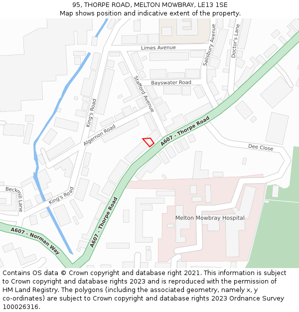 95, THORPE ROAD, MELTON MOWBRAY, LE13 1SE: Location map and indicative extent of plot