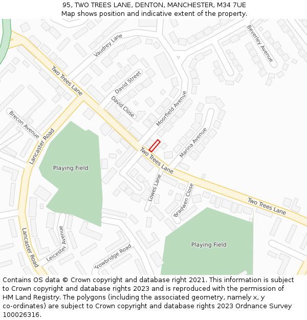 95, TWO TREES LANE, DENTON, MANCHESTER, M34 7UE: Location map and indicative extent of plot