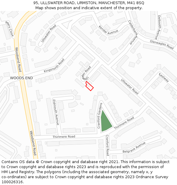 95, ULLSWATER ROAD, URMSTON, MANCHESTER, M41 8SQ: Location map and indicative extent of plot