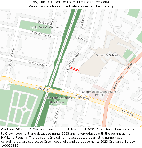 95, UPPER BRIDGE ROAD, CHELMSFORD, CM2 0BA: Location map and indicative extent of plot